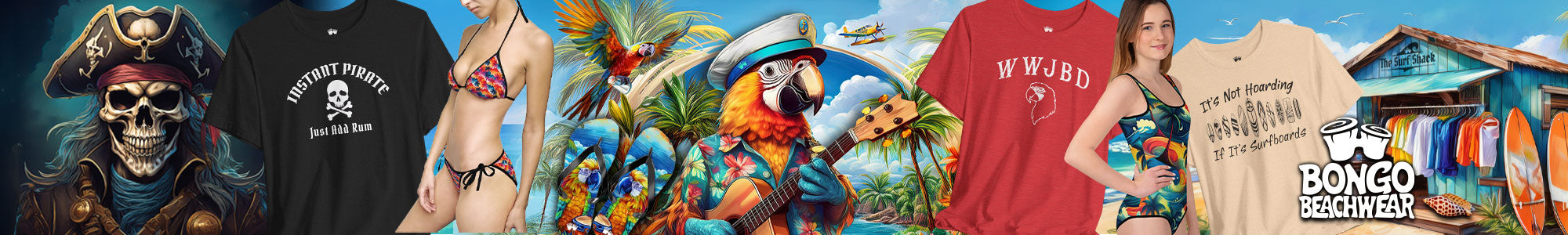 Collection of beach-themed merchandise including t-shirts, swimsuits, and a parrot with a tropical background.