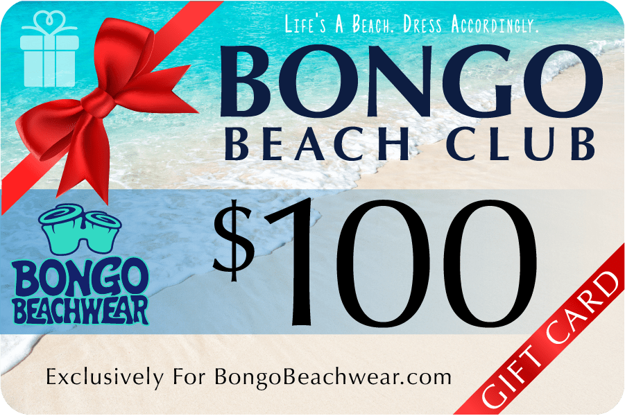 Bongo Beach $100 Club gift card with a red bow on a blue and beige background