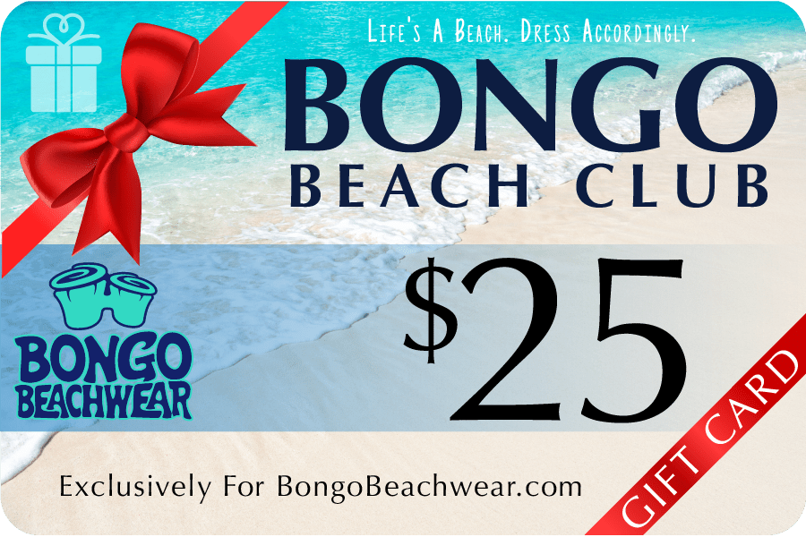 Bongo Beach Club $25 Beachwear Gift Card gift card with a red ribbon and beach-themed design.