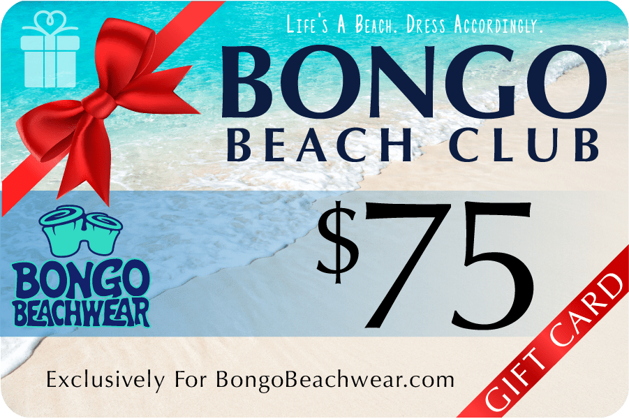 Bongo Beach Club $75 gift card with a beach scene and red ribbon