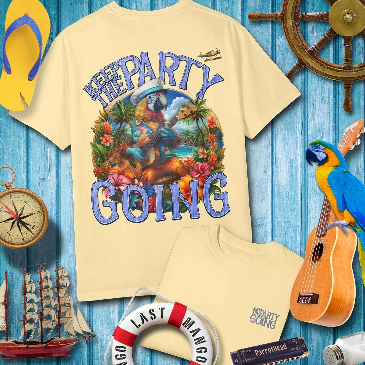 ParrotHead Keep The Party Going T-Shirt featuring vibrant design, perfect for beach parties and music festivals.