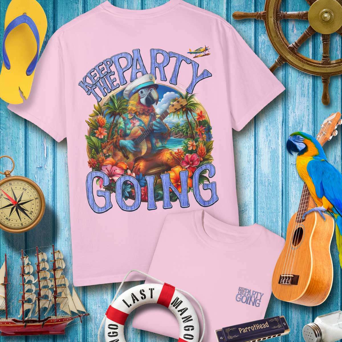 ParrotHead T-Shirt featuring colorful tropical design with 'Keep The Party Going' slogan on a pink background.