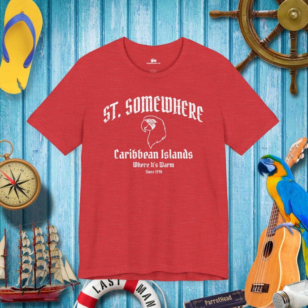 Heather Red Bella Canvas T-on a background of ParrotHead Icons and a rustic nautical wall of some fishing pier