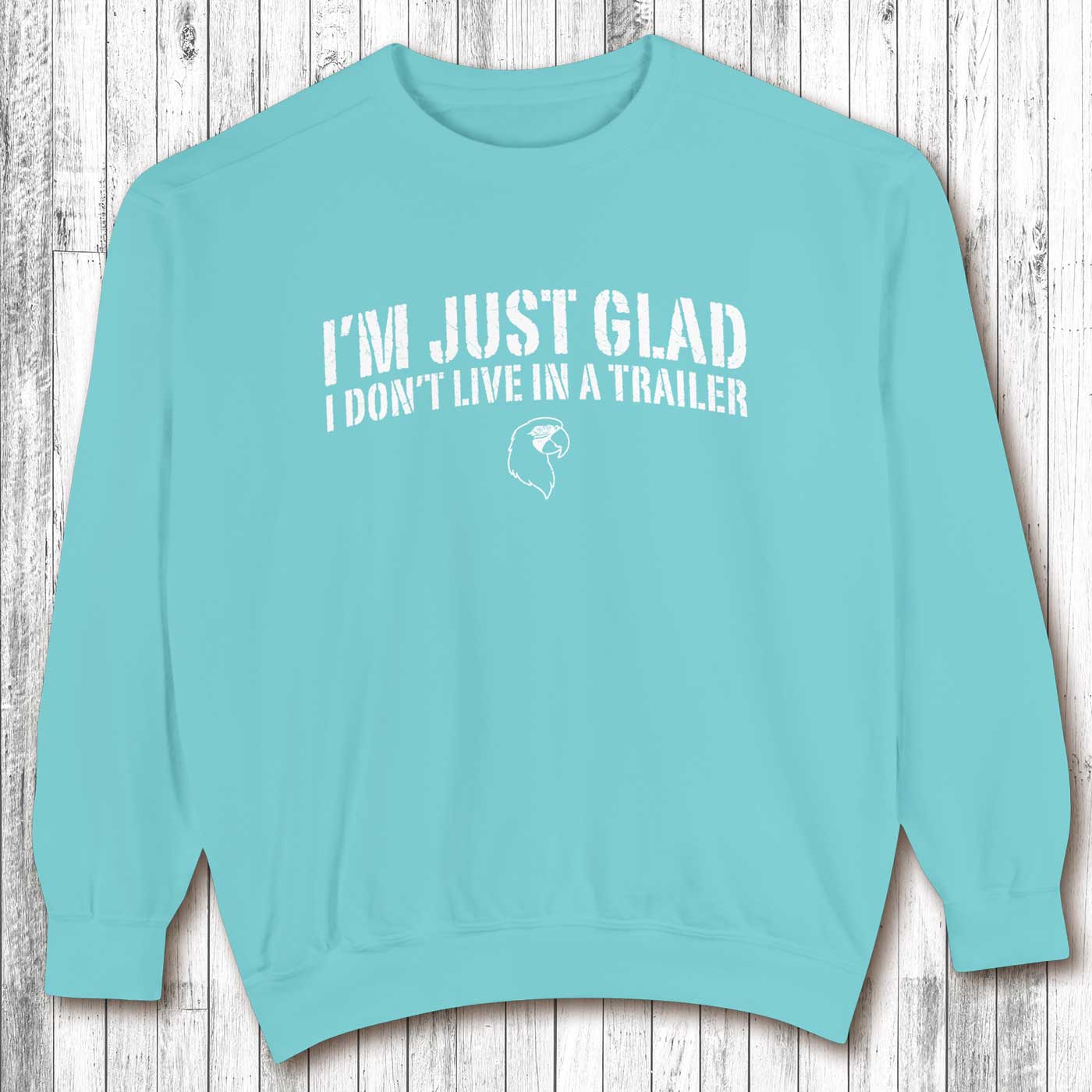 Light blue sweatshirt with text on a wooden background
