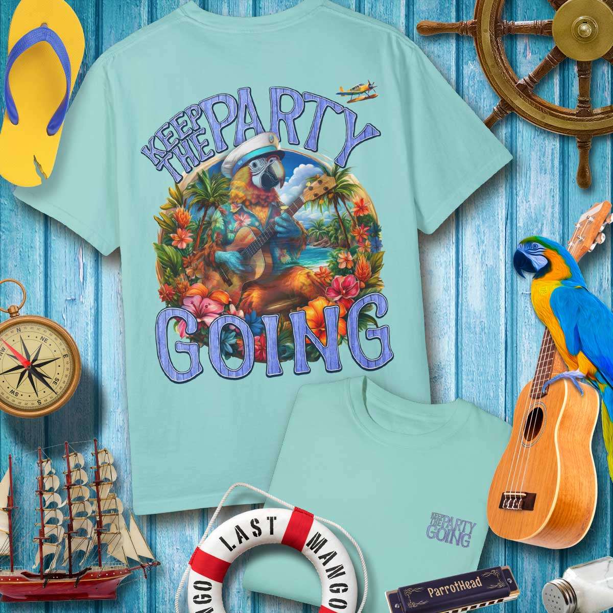ParrotHead Keep The Party Going T-Shirt in mint green with vibrant tropical graphics and music vibes.