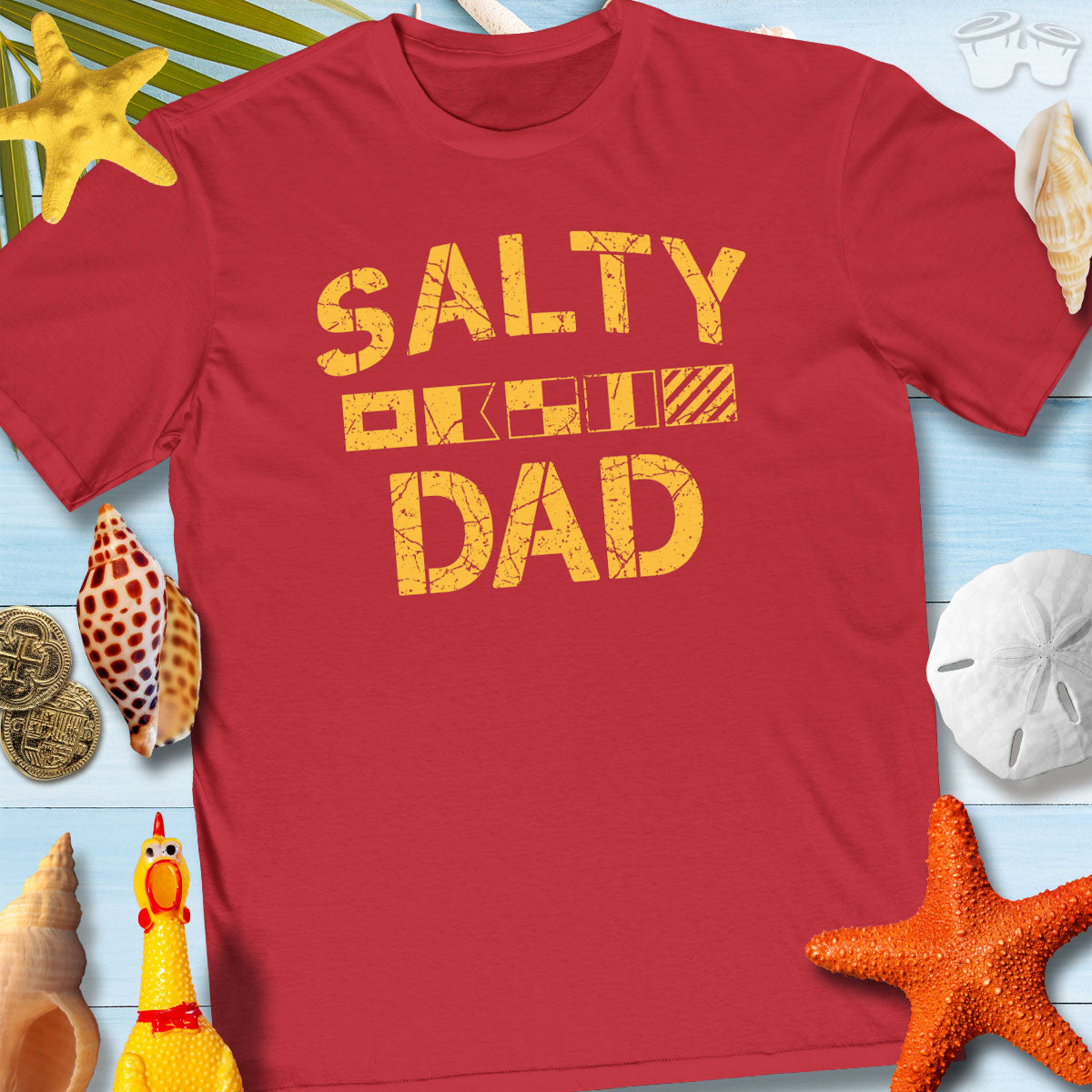 Salty Dad tee with nautical flag graphic on red shirt, perfect for Father's Day and casual wear.