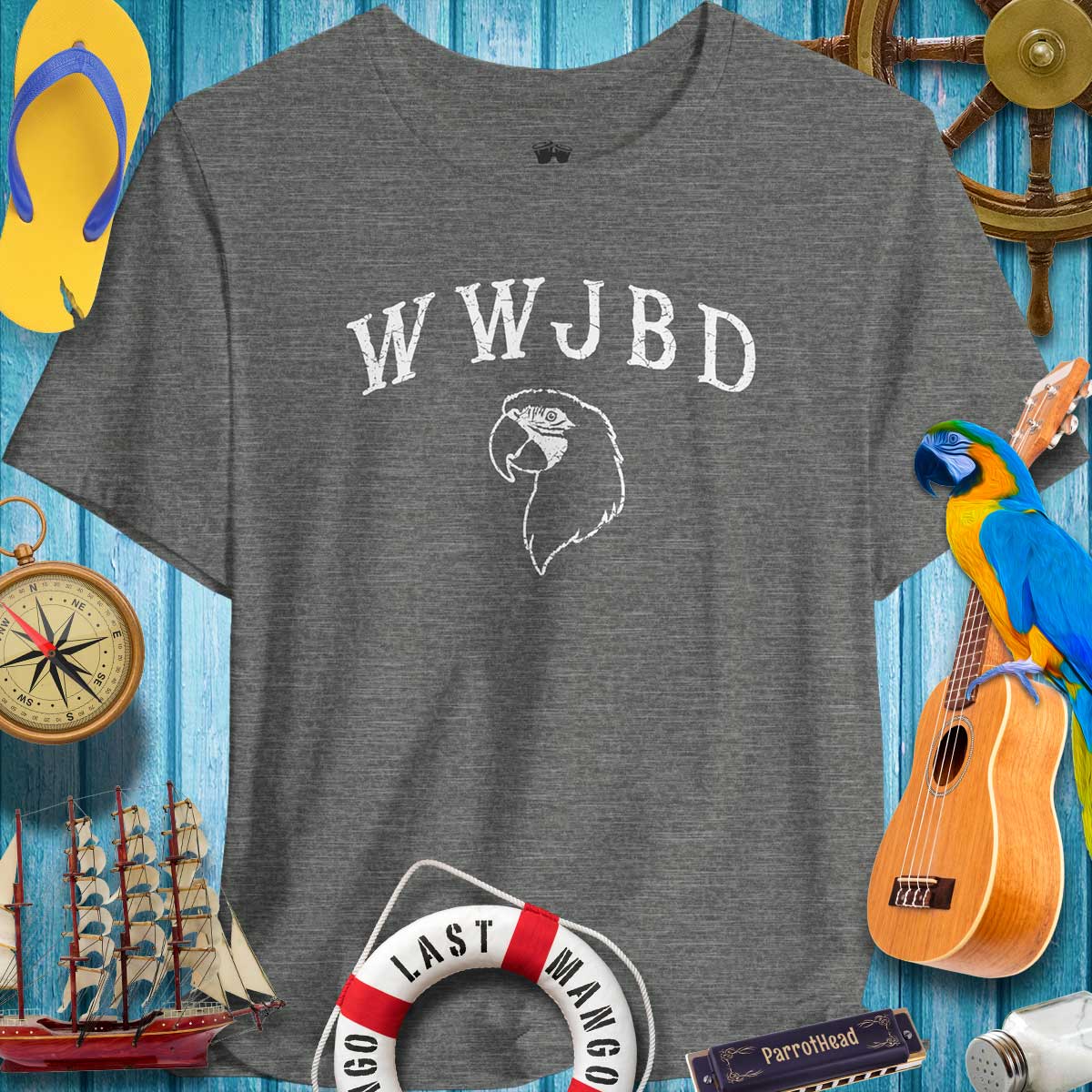 WWJBD ParrotHead T-Shirt against a beach-themed background with tropical decor.