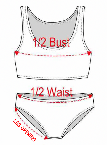 Diagram showing measurements for a sports bra and panties on a white background