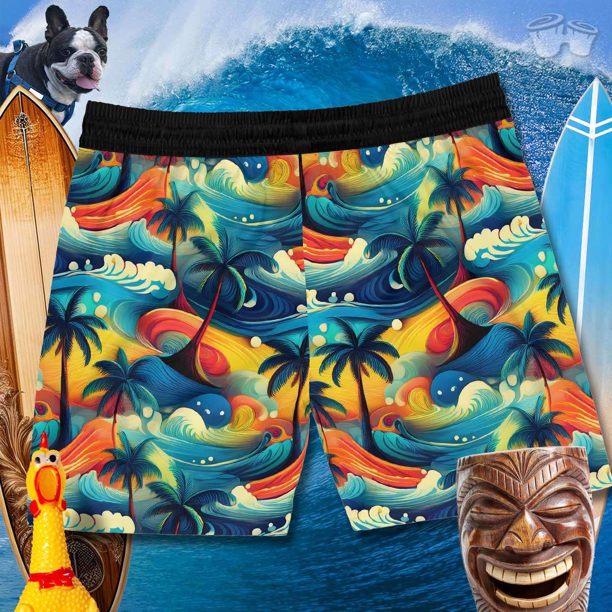 Board shorts for men back side on a surfers background