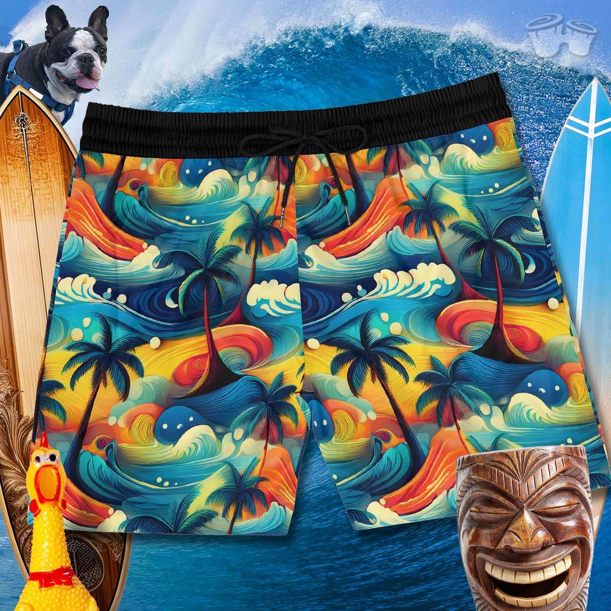 mens swim shorts with black tie cord and a cool Hawaiian pattern over a surfer style backdrop