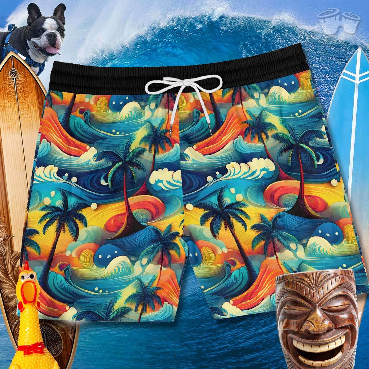 Men's Swim trunks with Hawaiian Dream art print with a wave background with surfboards, a laughing Tiki, a rubber chicken and Tater the SurfDog.