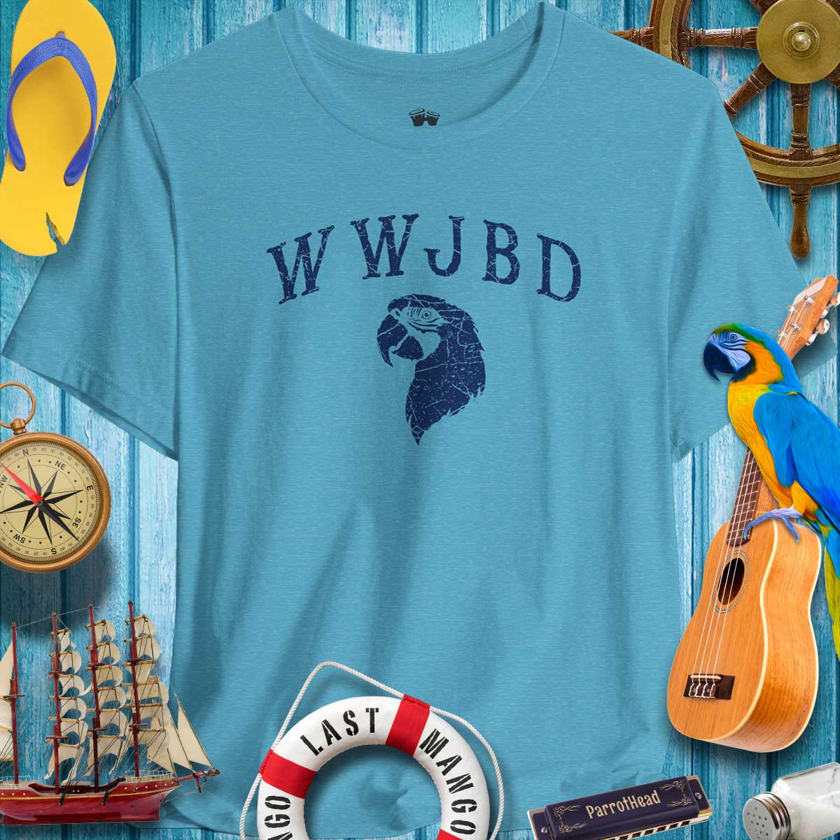 WWJBD ParrotHead T-Shirt with beach-themed accessories, perfect for ParrotHeads and summer vibes.