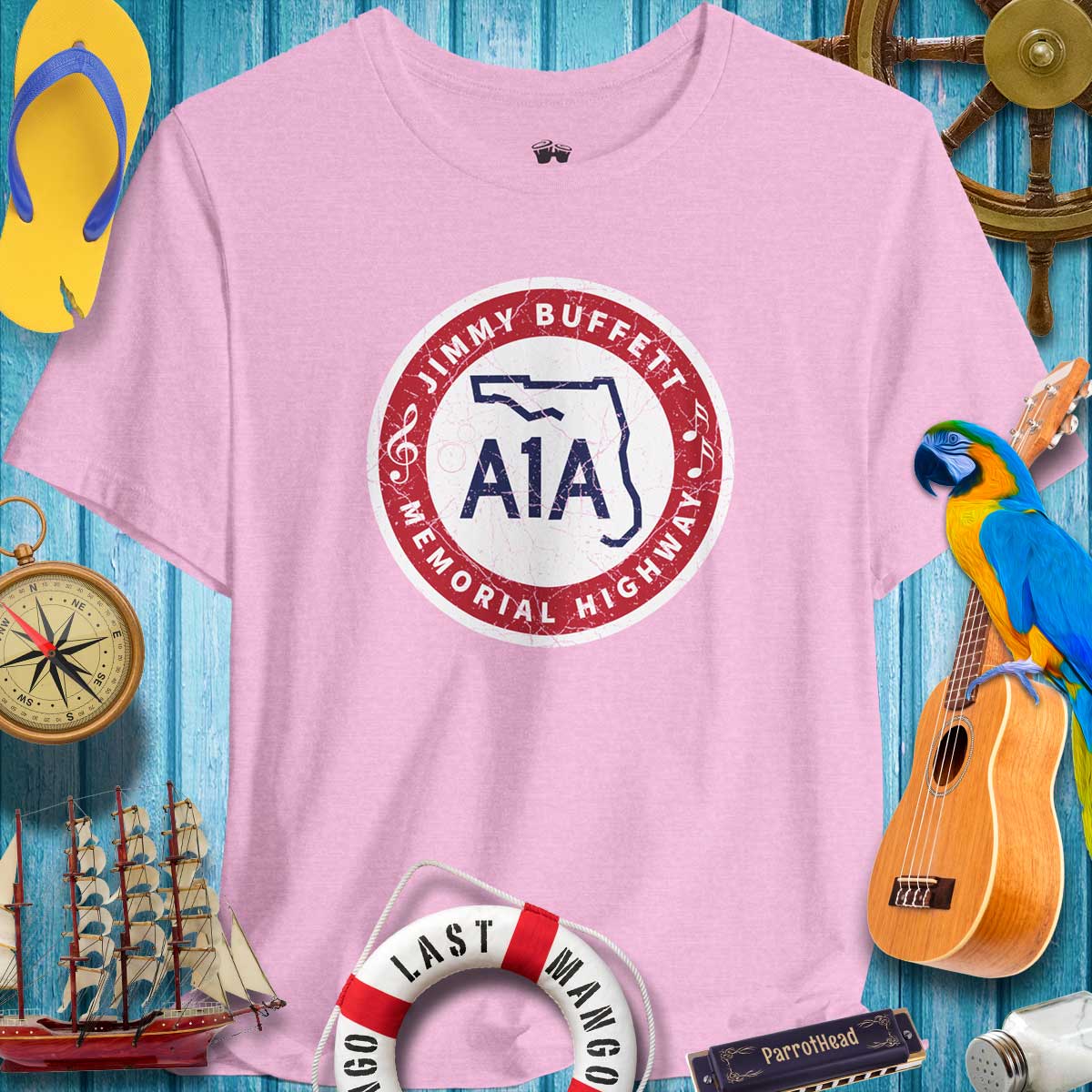 Pink A1A Jimmy Buffett Highway Road Sign T-Shirt, perfect for ParrotHeads and casual beach outings.