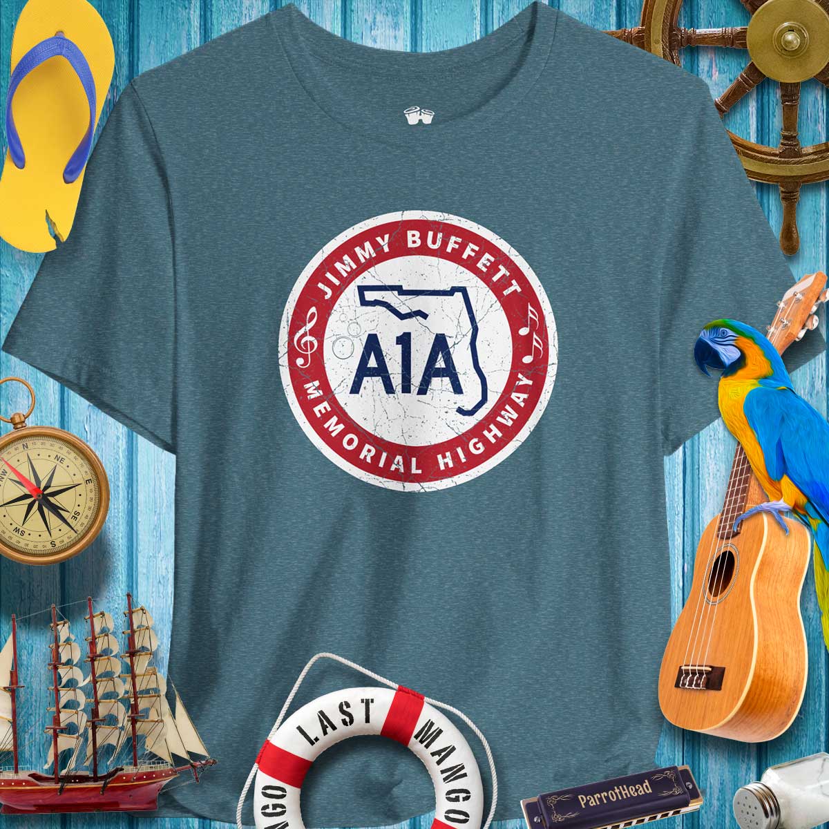 A1A Jimmy Buffett Highway Road Sign T-Shirt featuring vibrant colors, perfect for casual summer outings and music festivals.
