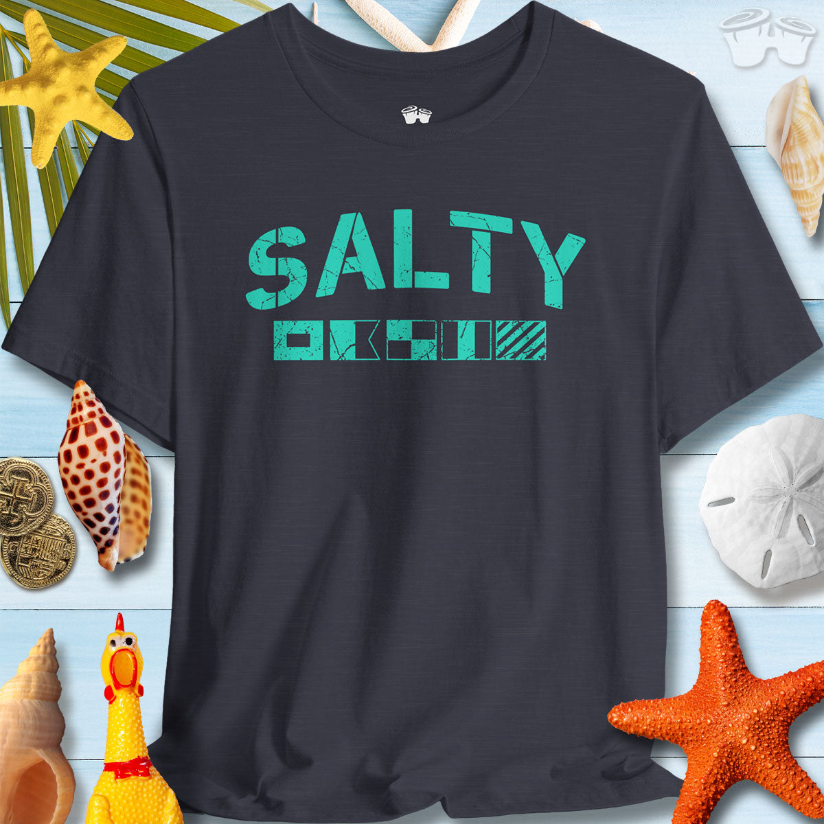 Salty Coastal Vibes Bella Canvas T-Shirt featuring nautical signal flags, perfect for beach lovers and summer outings.