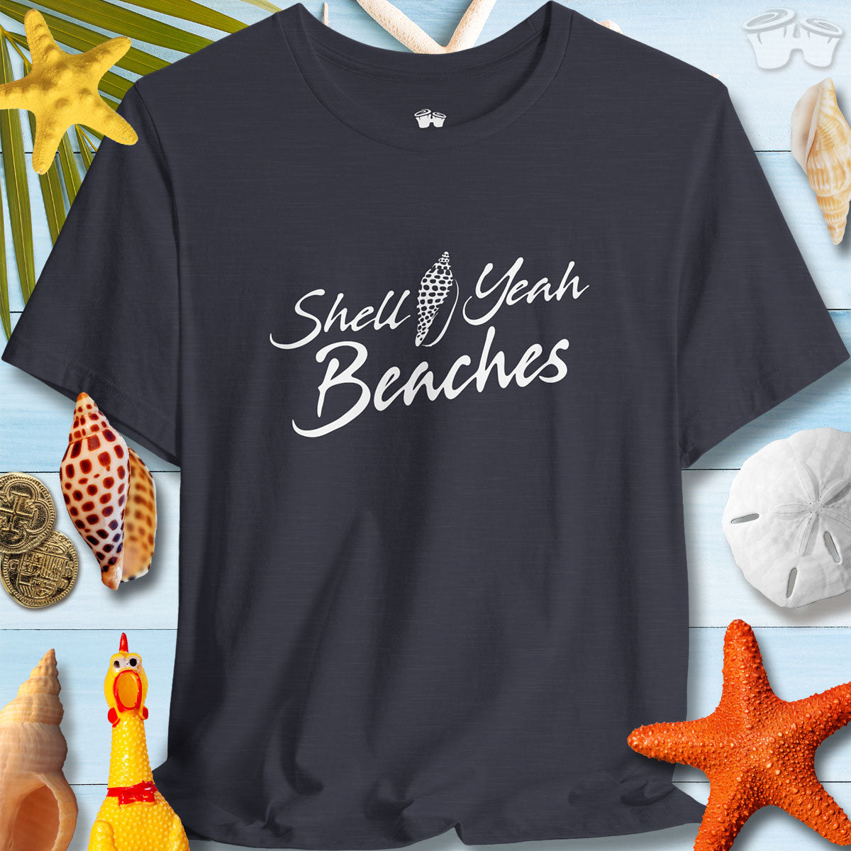 Unisex Shell Yeah Beaches Tee shirt with Junonia design, perfect for summer beach outings and casual gatherings.