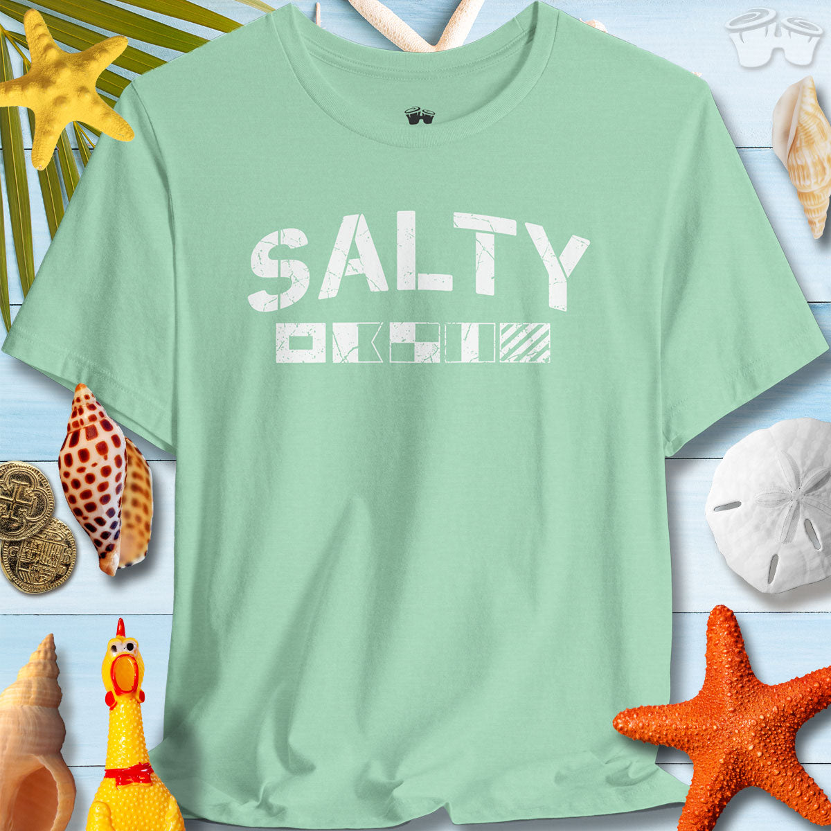 Salty Coastal Vibes Bella Canvas T-Shirt with nautical flags, perfect for beach lovers and summer outings.