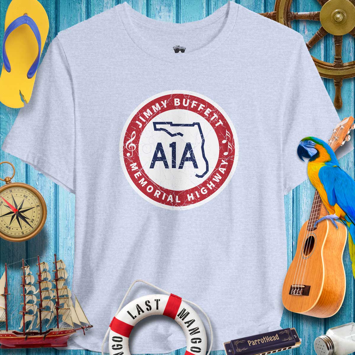 A1A Jimmy Buffett Highway Road Sign T-Shirt with beach-themed decorations, ideal for ParrotHeads and summer outings.