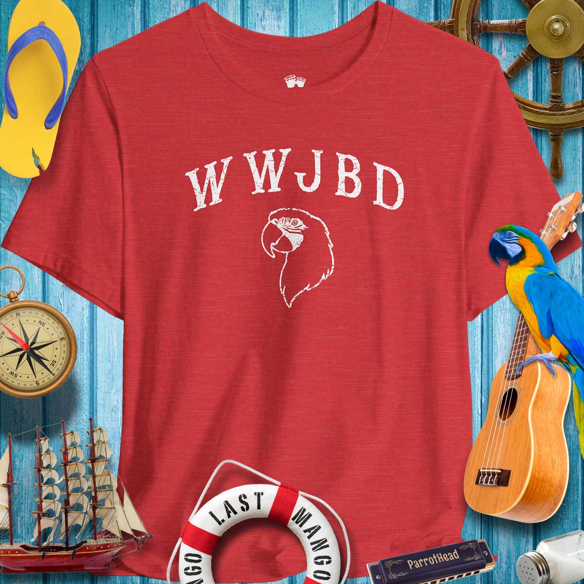 WWJBD ParrotHead T-Shirt in red, featuring a parrot design, perfect for fans of Jimmy Buffet and beach vibes.