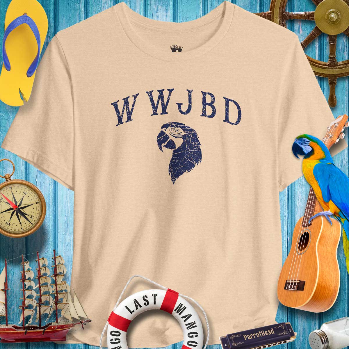 WWJBD ParrotHead T-Shirt on a vibrant beach-themed background, perfect for fans of Jimmy Buffet.