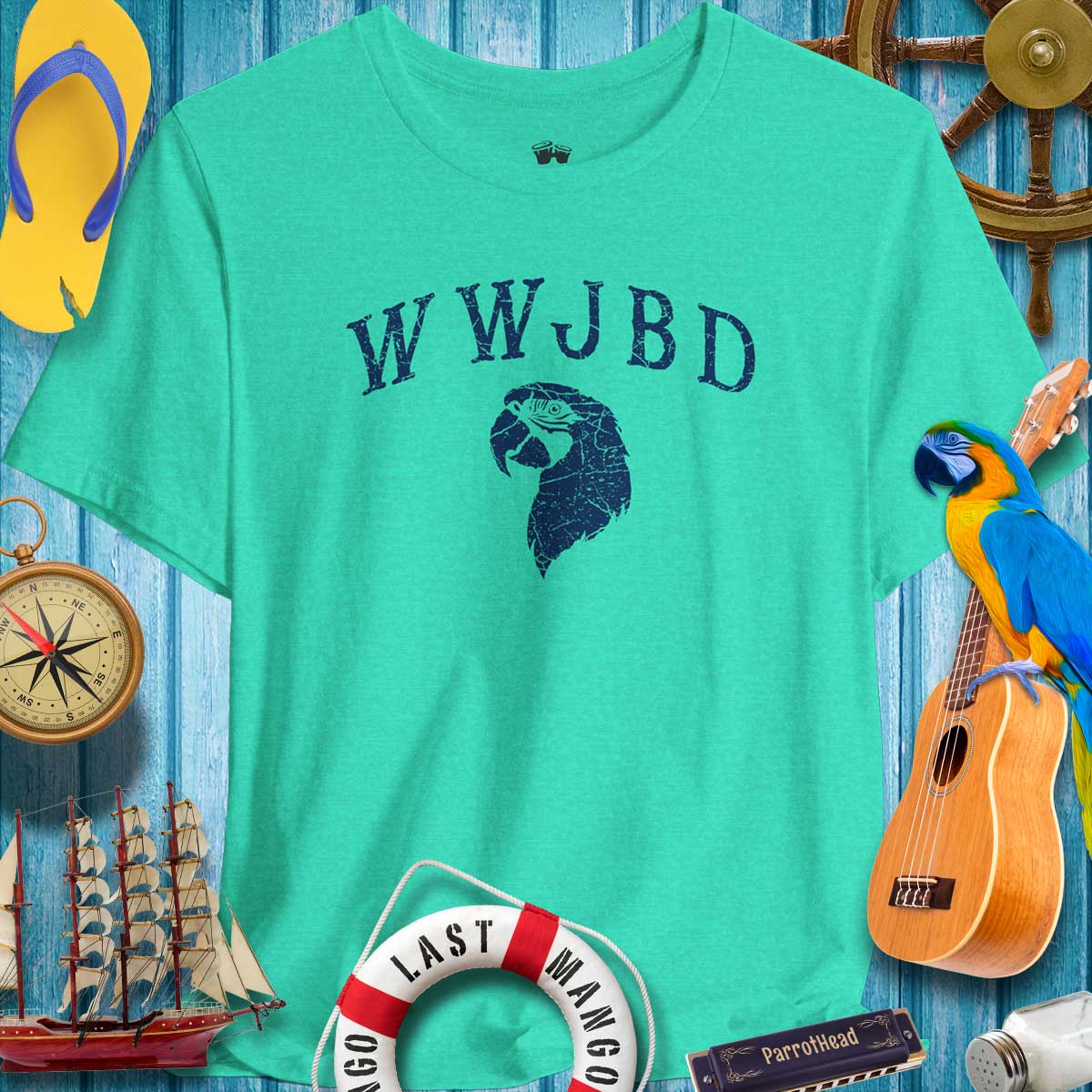 WWJBD ParrotHead T-Shirt on a beach-themed background, perfect for fans of Jimmy Buffet and casual summer vibes.