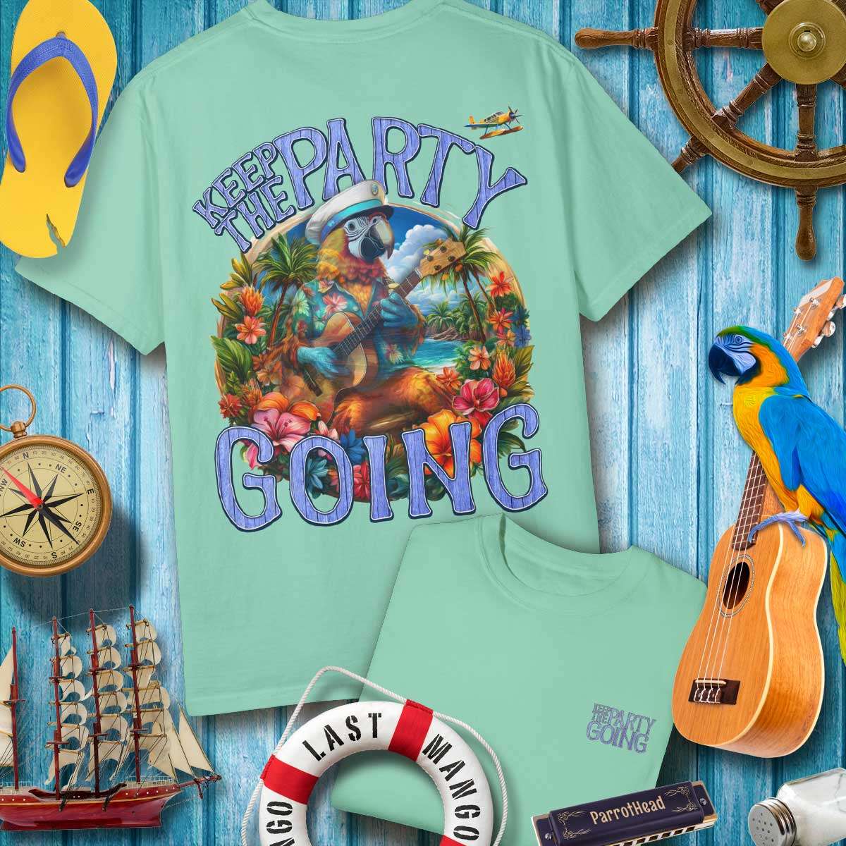 Fun ParrotHead T-Shirt design with tropical vibe, featuring 'Keep The Party Going' text. Perfect for beach parties!