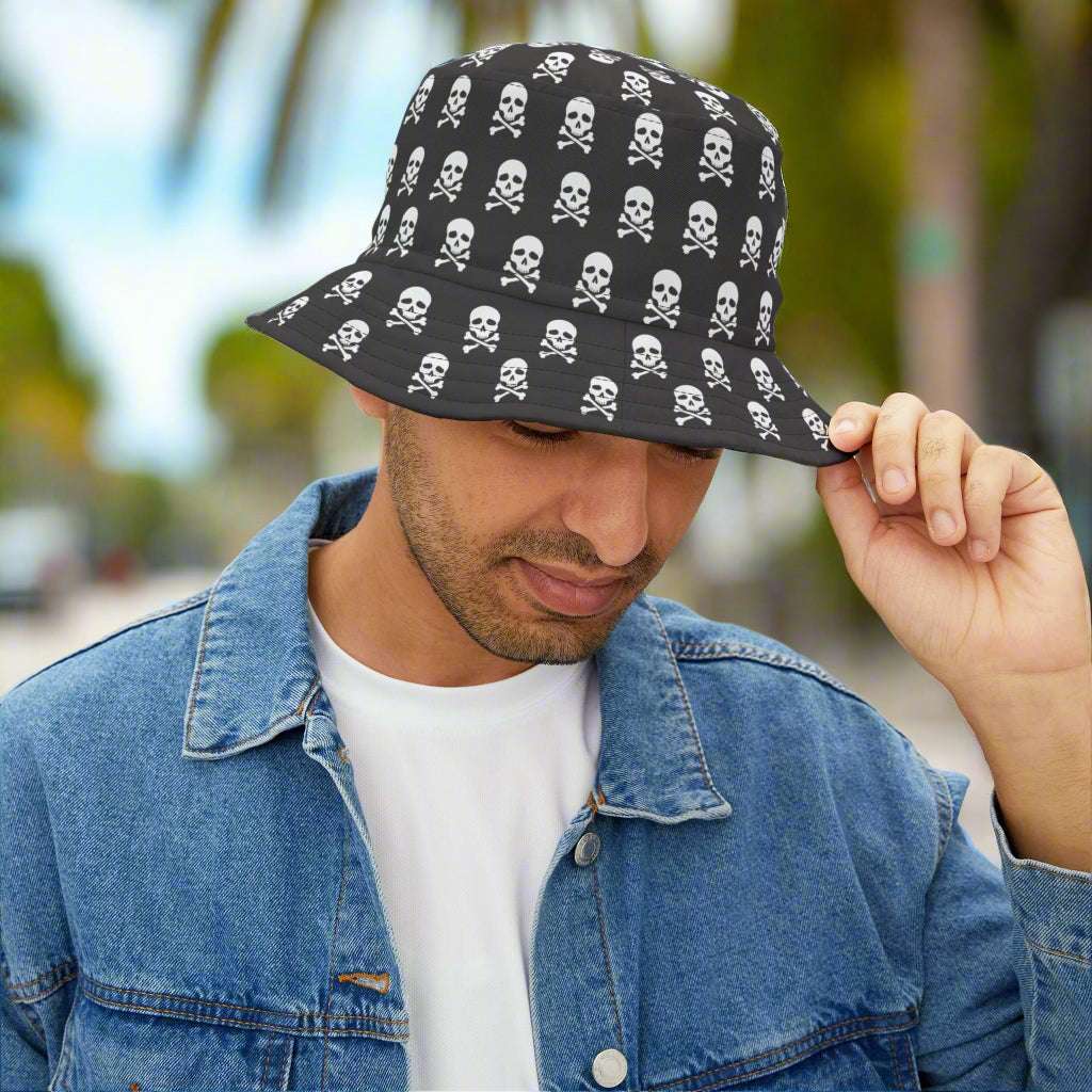 Man wearing Jolly Roger Pirate Pattern Bucket Hat just hanging out in Key West