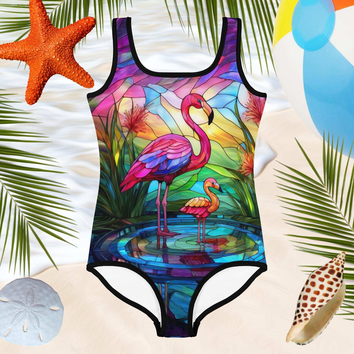 Beautiful flamingo art on a kids one piece swimsuit floating over the water's edge surrounded by beachy icons.