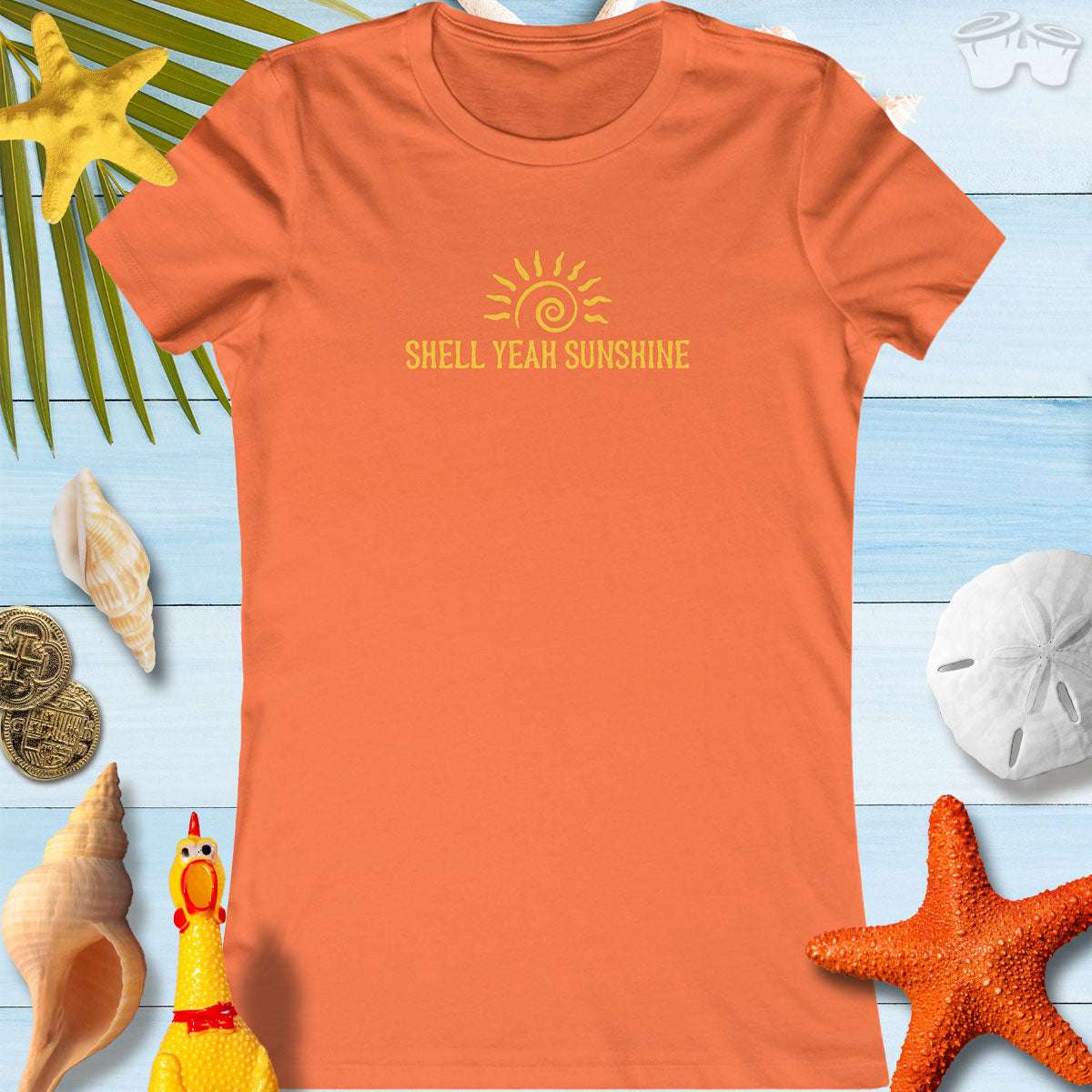 SHELL YEAH SUNSHINE Women's summer t-shirt in vibrant orange, perfect for beach lovers and sunny days.