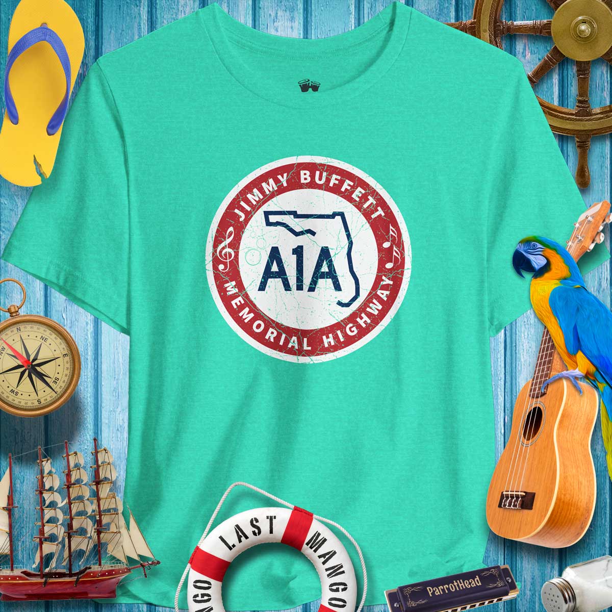 A1A Jimmy Buffett Highway Road Sign T-Shirt in vibrant teal, perfect for beach lovers and ParrotHeads summer vibes.
