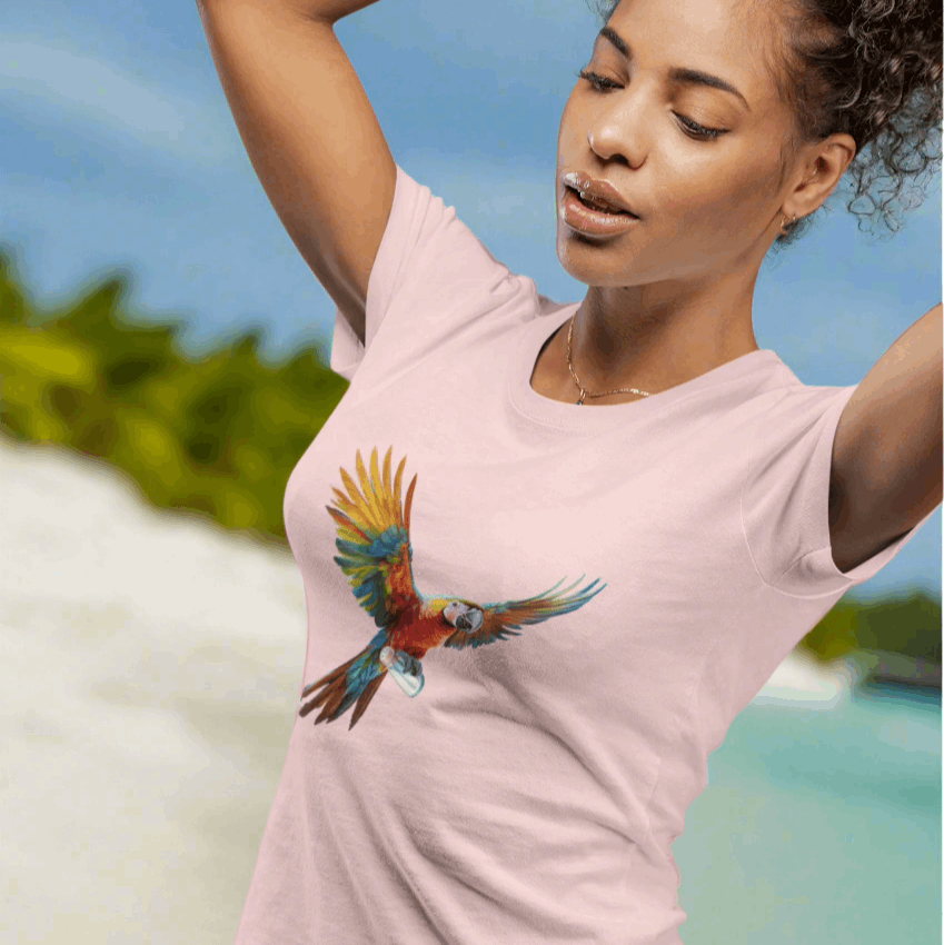 Girl wearing cool parrot head tee hanging on a beach in the Florida Keys