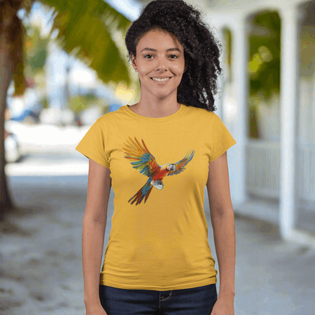 Parrot Head girl in Key West wearing a ladies gold Bella Canvas t-shirt featuring a beautiful parrot flying away with Jimmy's lost shaker of salt