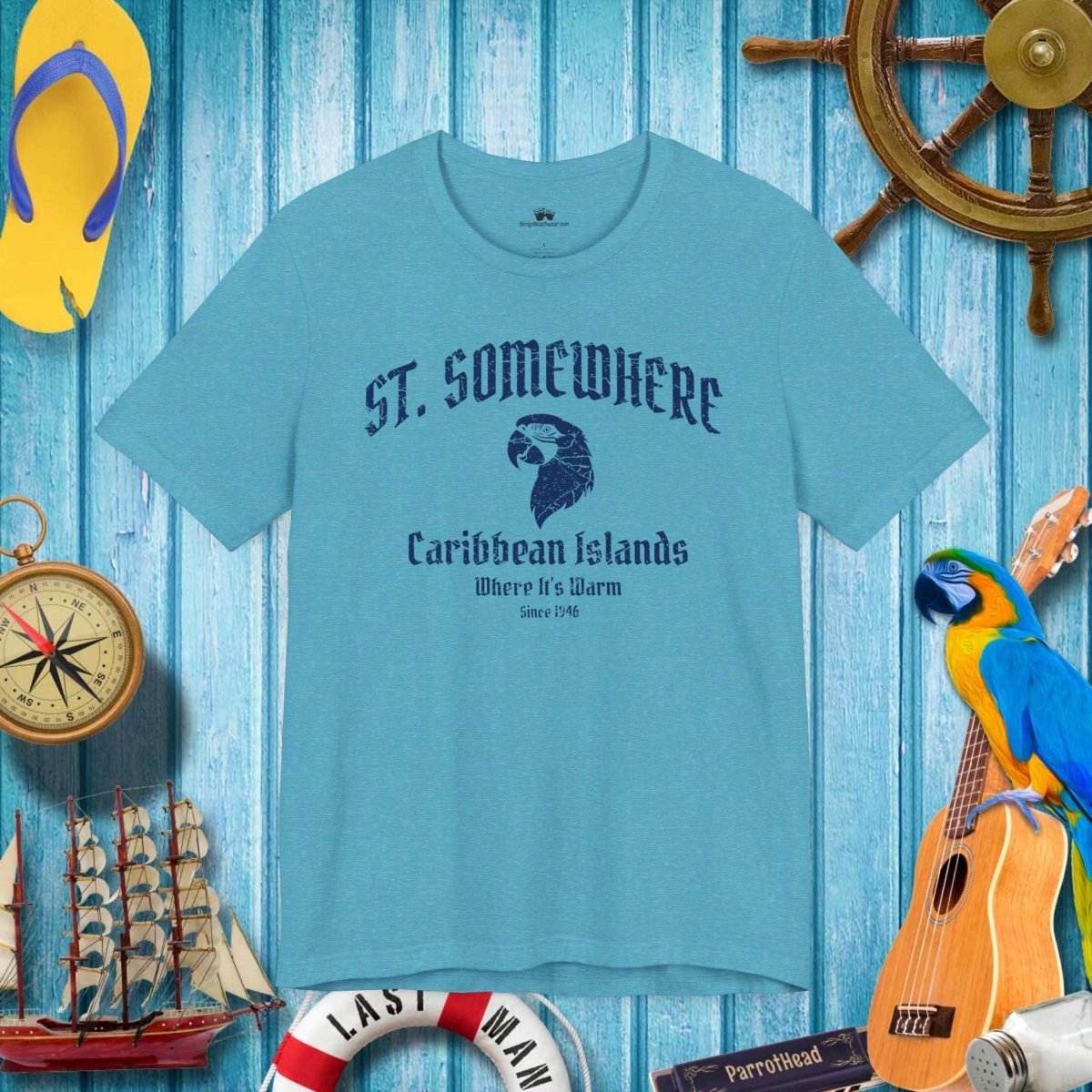 Heather Aqua ParrotHead Bella Canvas T-shirt on a background of ParrotHead Icons and a rustic nautical wall of of some marina