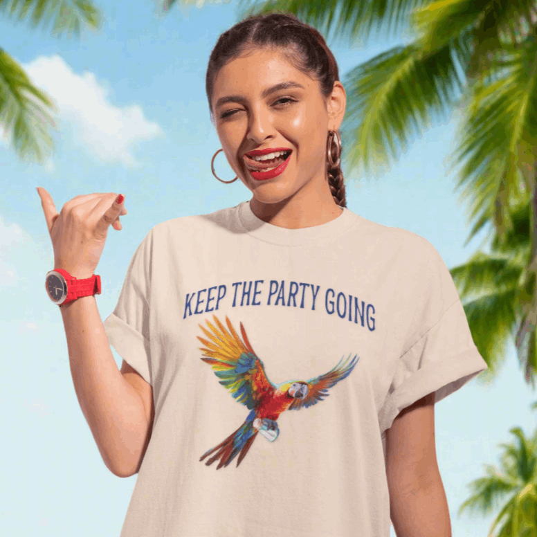 Surfer girl flashing Shaka sign in Key West wearing a Parrot Head T-shirt
