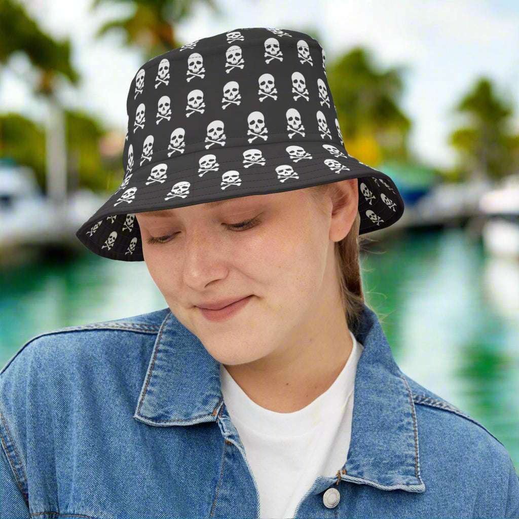 Girl in a Skull and Crossbones Bucket Hat hanging out at a marina in Key West