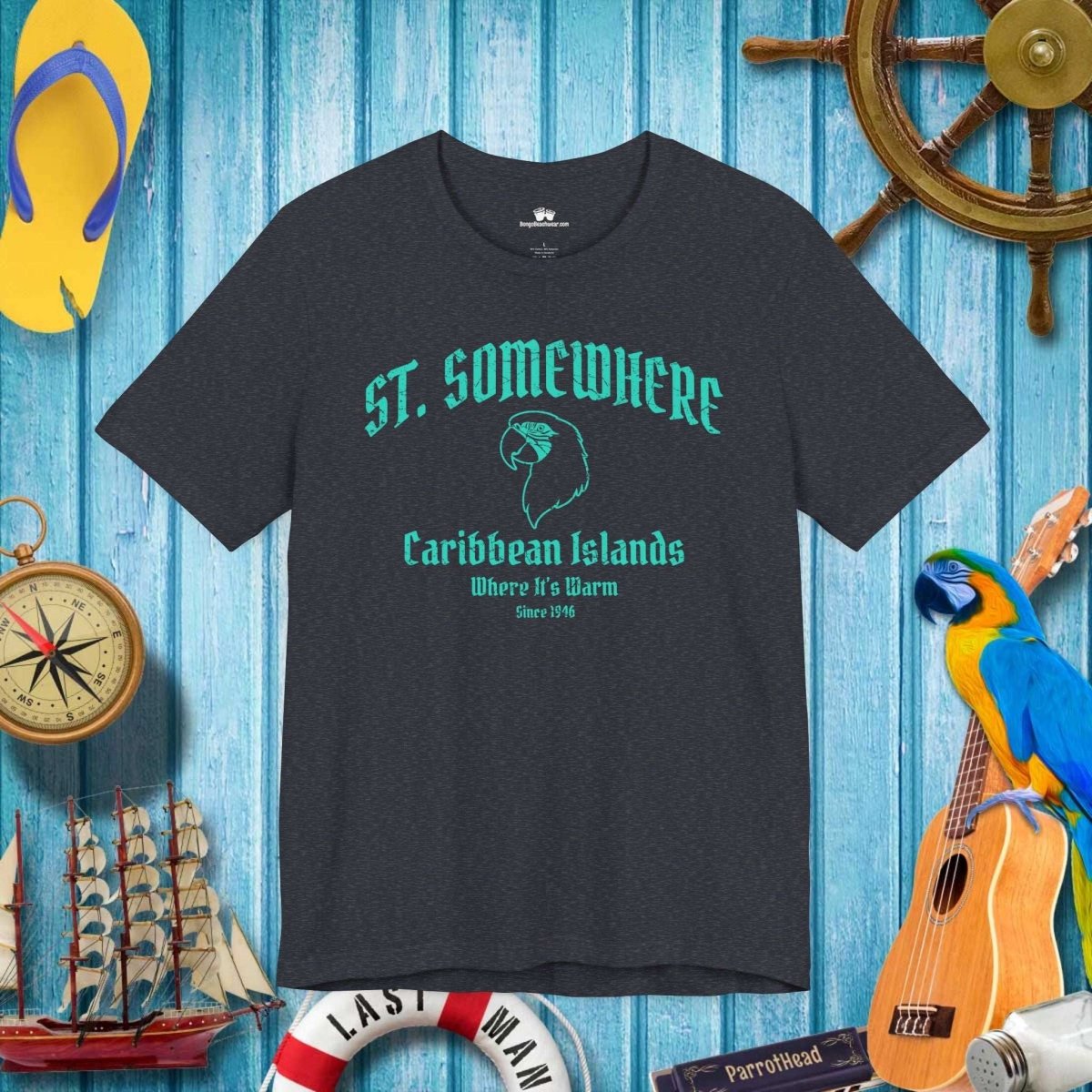 Heather Navy Bella Canvas T-on a background of ParrotHead Icons and a rustic nautical wall of some marina