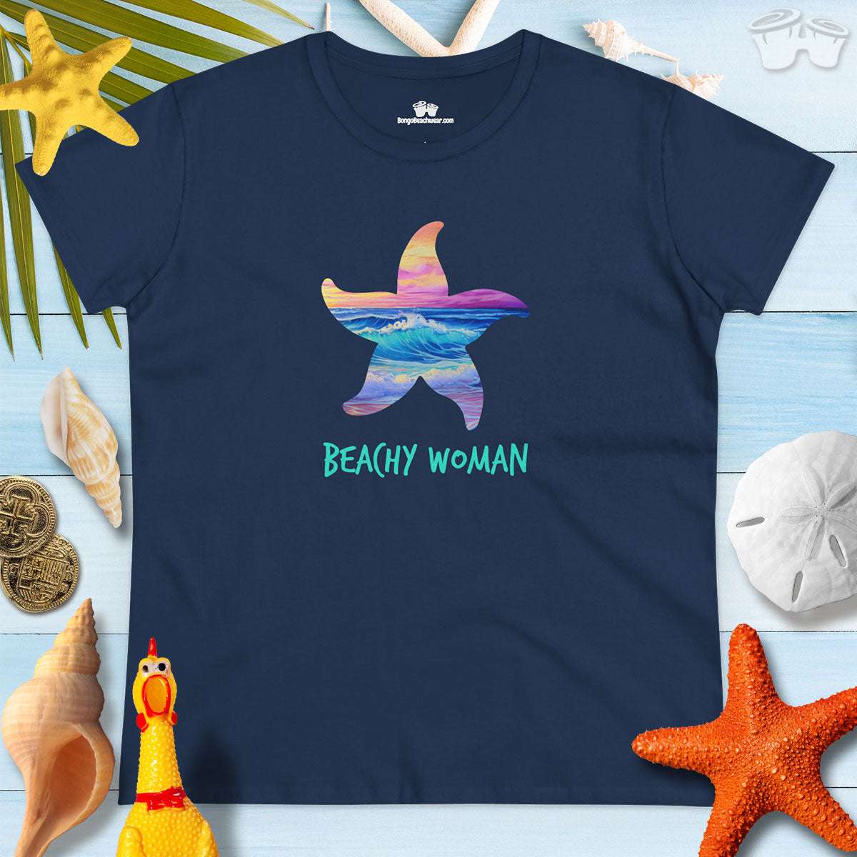 Starfish Beachy Women T-Shirt featuring colorful starfish graphic on navy blue, perfect for summer casual wear.