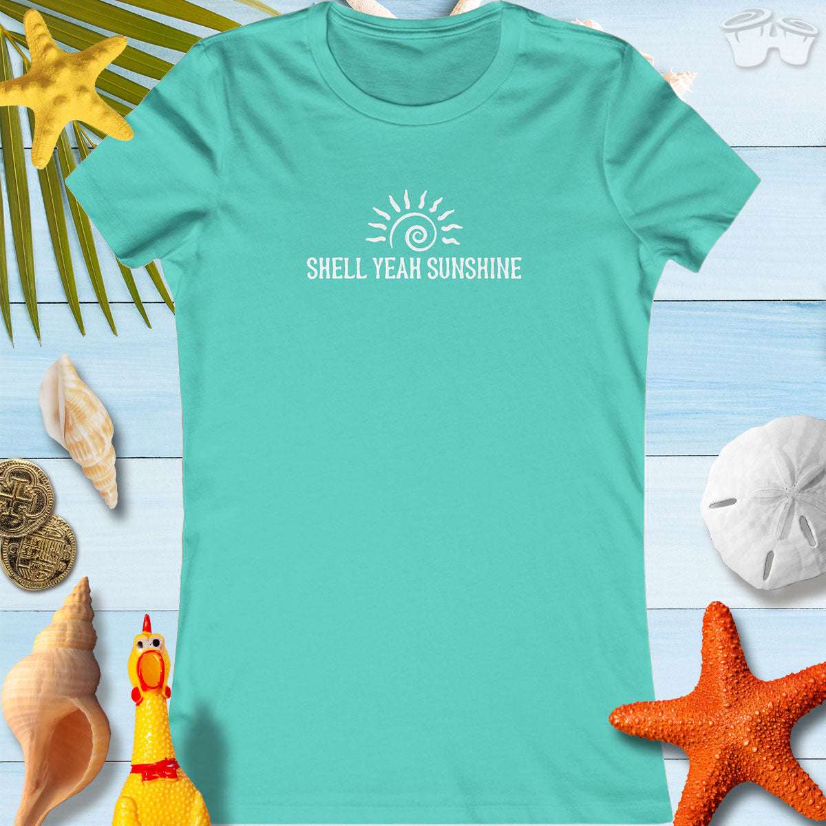 SHELL YEAH SUNSHINE teal summer t-shirt with beach-themed accessories, perfect for ParrotHead vibes.
