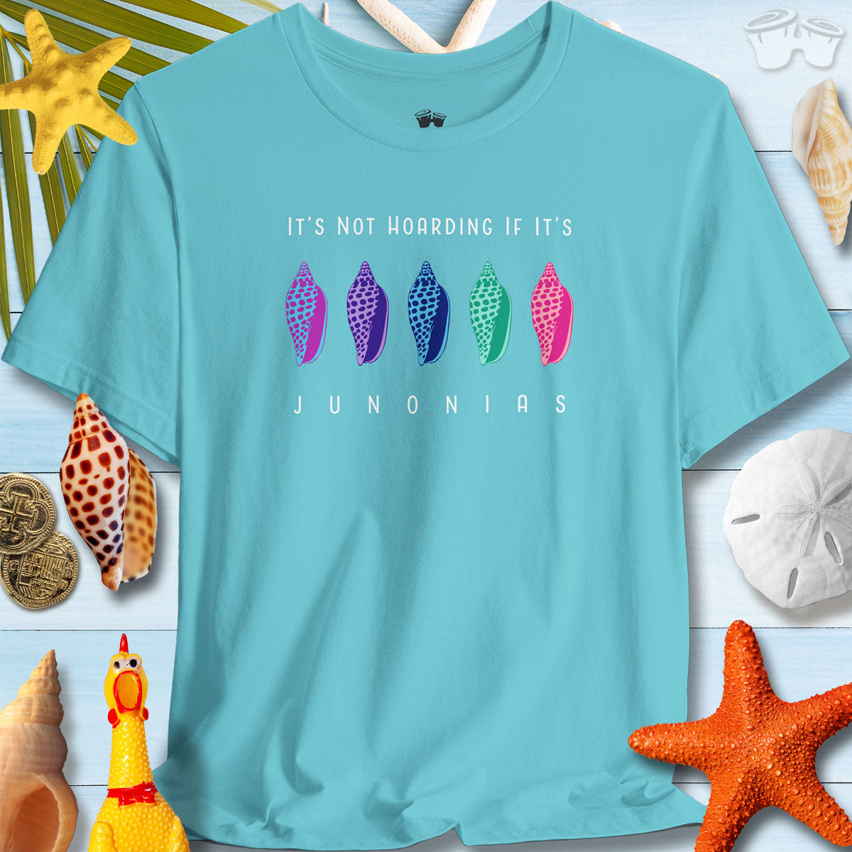 Colorful Junonia T-shirt featuring the phrase 'It's Not Hoarding If It's Junonias', perfect for beach lovers.