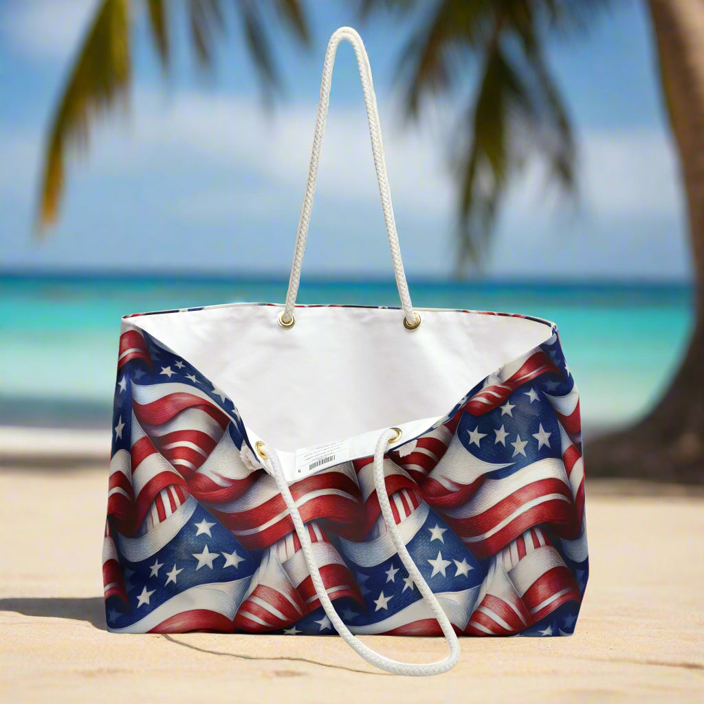 USA Flag Pattern on Oversized Tote Bag Sitting on a tropical island beach