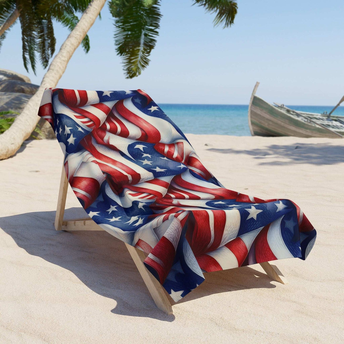 Red, White and blue stars and stripes beach towel draped over a beach chair in an island beach paradise