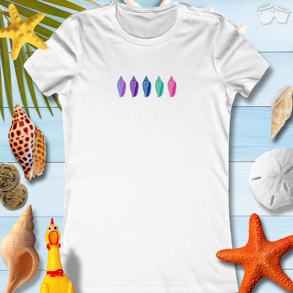 Colorful Junonia seashells design on white women's tee, perfect for beach outings and summer vacations.