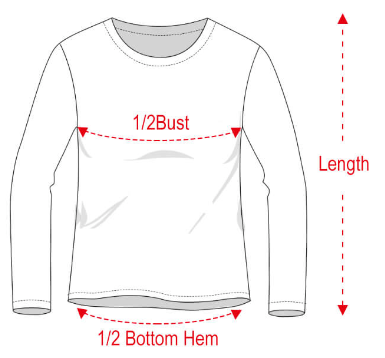 Measurement chart for a long-sleeve shirt with labeled dimensions on a white background