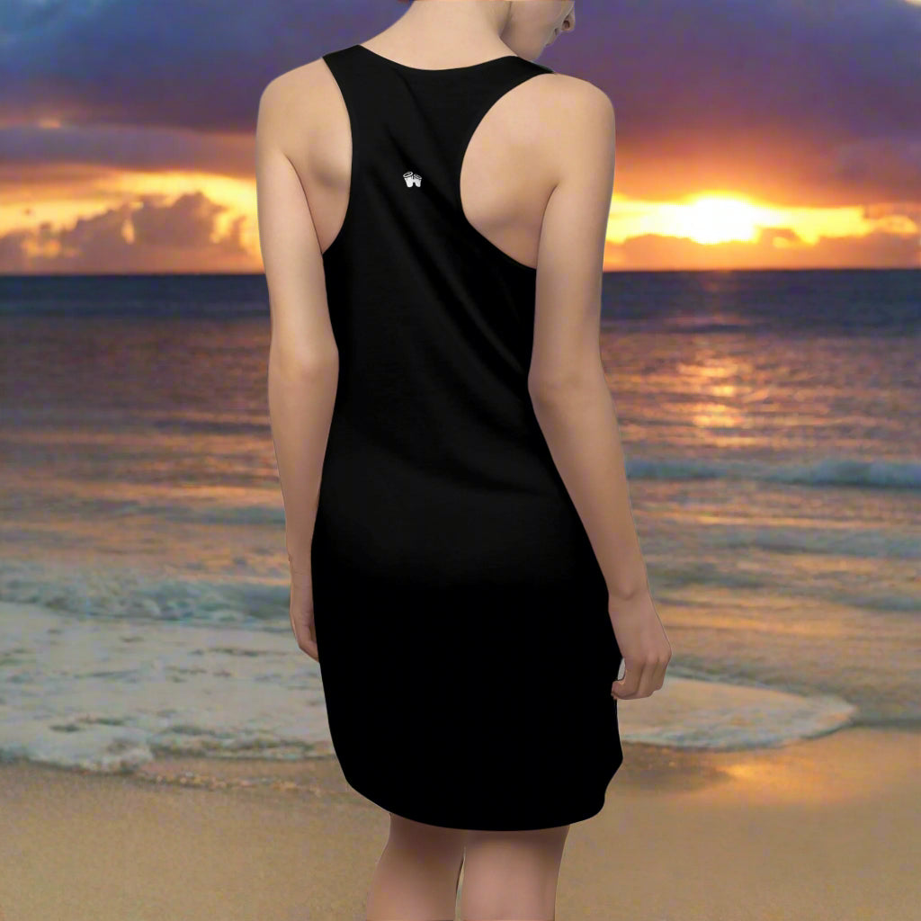 Racerback Tank-Top Dress back side of swimwear model wearing a black beachwear cover up on fashion island