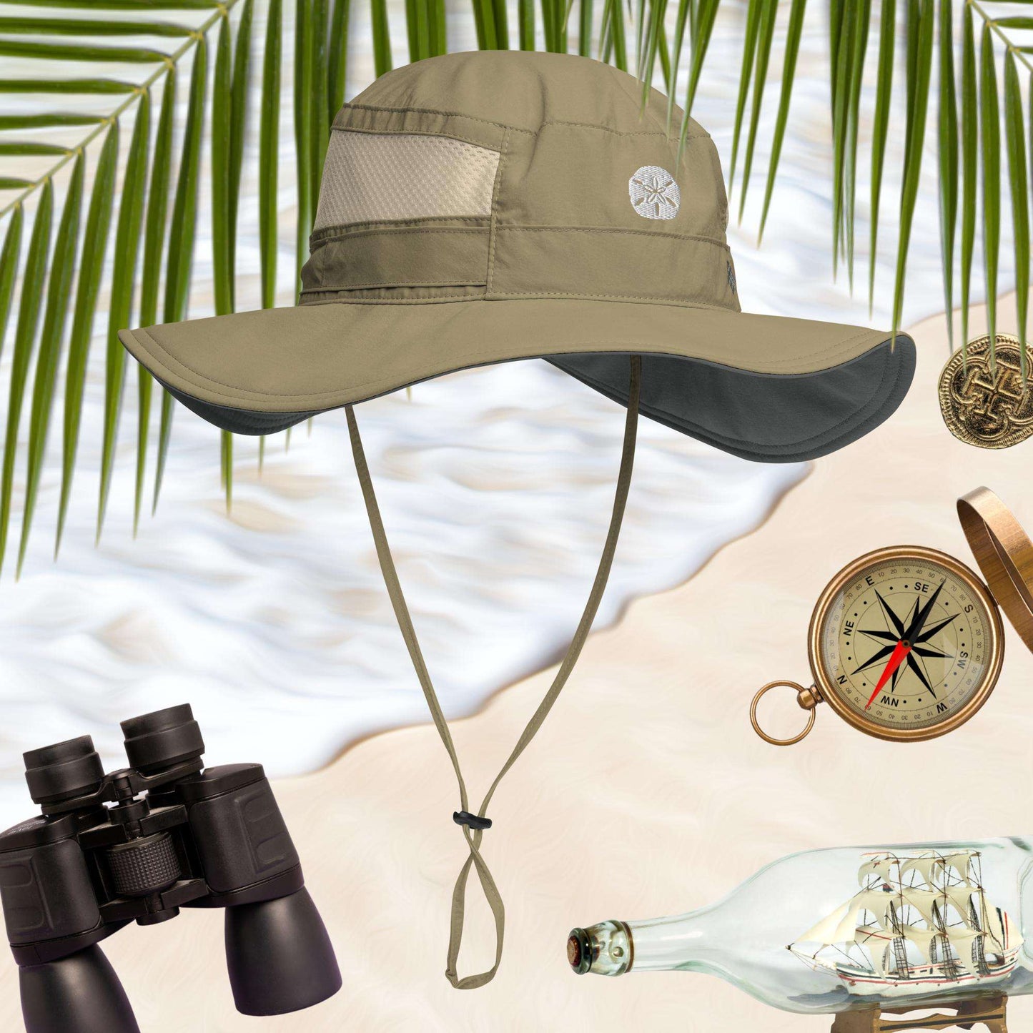 Sage Sand Dollar Booney Hat by Columbia surrounded by icons of adventure
