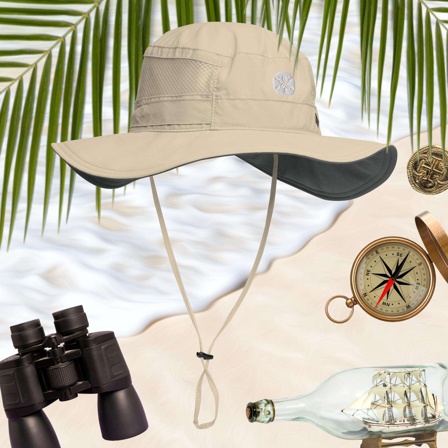 Fossil Sand Dollar Booney Hat by Columbia surrounded by icons of adventure