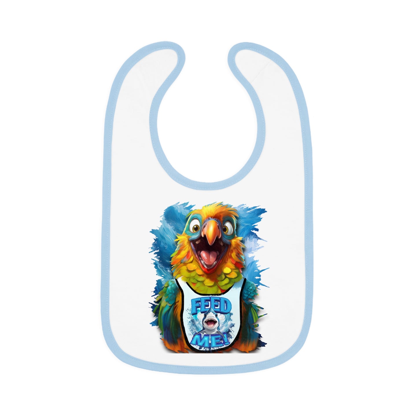A white baby bib with a colorful parakeet design in the center.