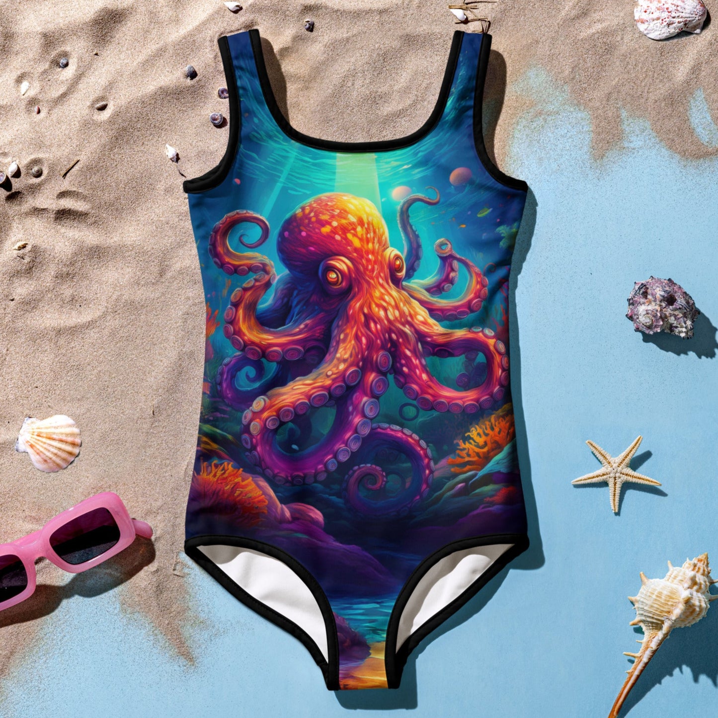 Psychedelic Octopus Girl's One Piece Swimsuit lying in the sand next to a pair of pink sunglasses