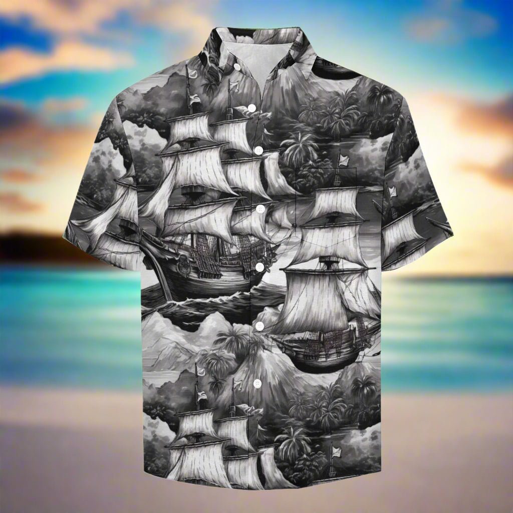 Hawaiian shirt with black and white pirate ship design on a Caribbean Beach background