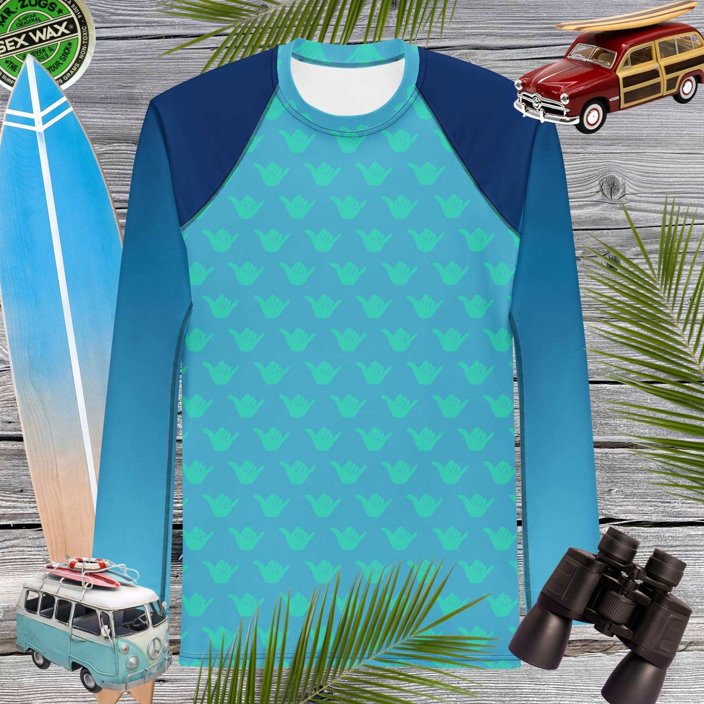 Shaka Pattern Men's Sun Rashie featuring vibrant design and UPF 50+ protection against UV rays.